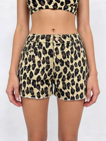 Leopard Print High-Waisted Denim Shorts