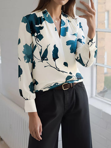 Printed V Neck Long Sleeve Blouse