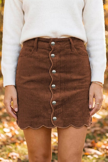 Button Front Corduroy Mini Pockets Sheath Silhouette Skirt