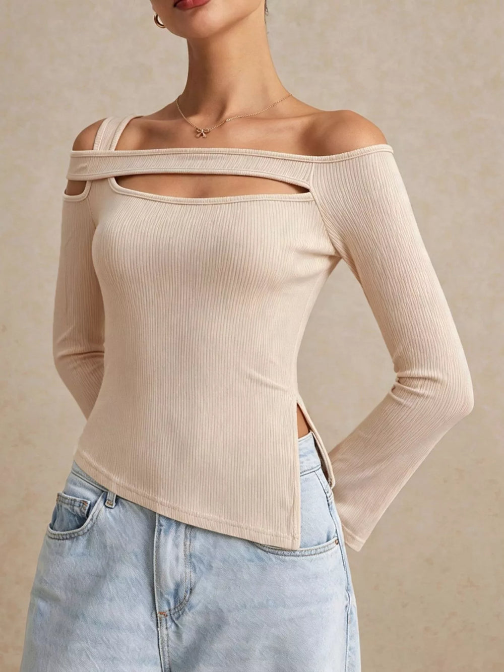 Side Slit Cutout Ribbed Long Sleeve T-Shirt