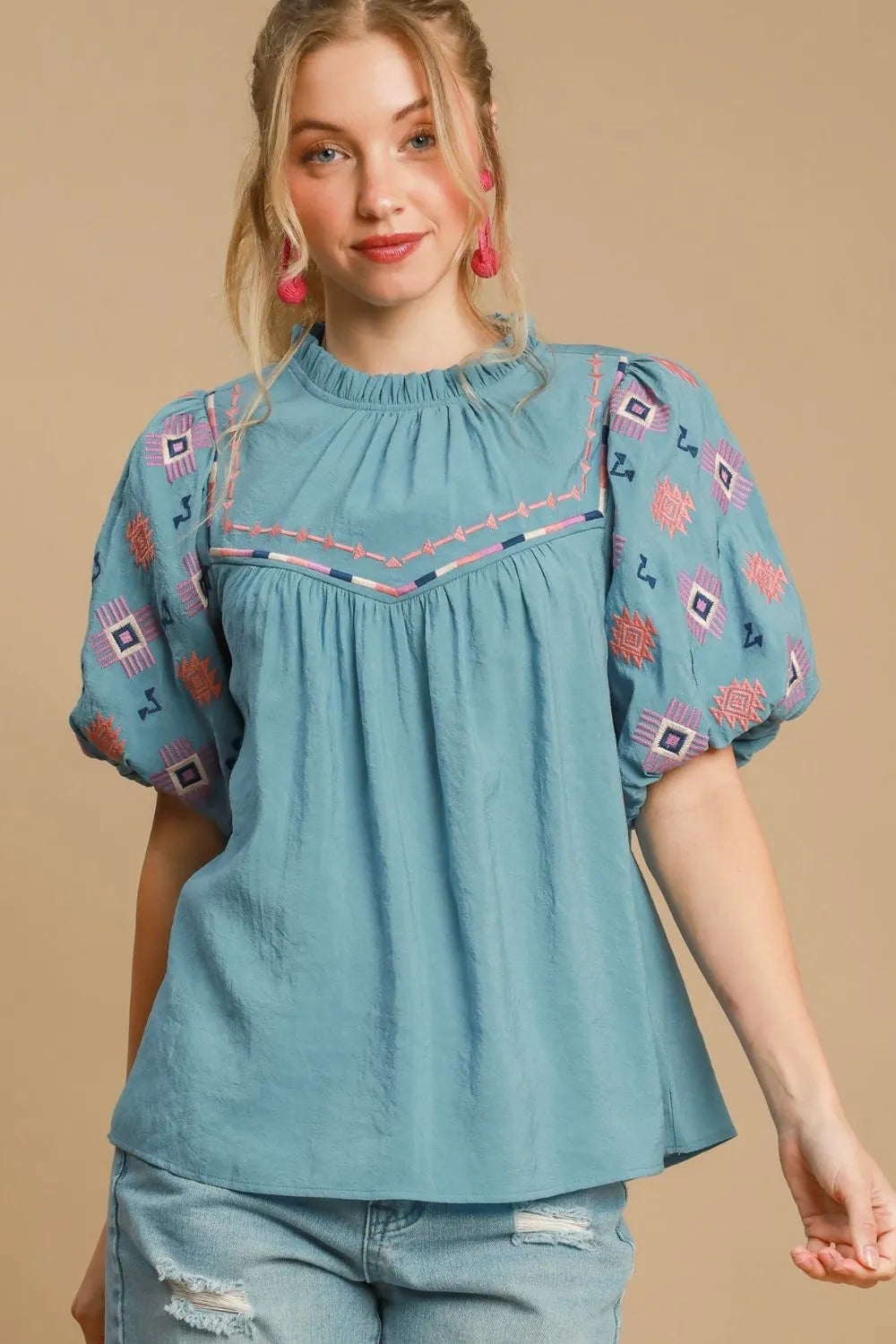 Umgee Full Size Embroidered Puff Sleeve Mock Neck Top Plus Size