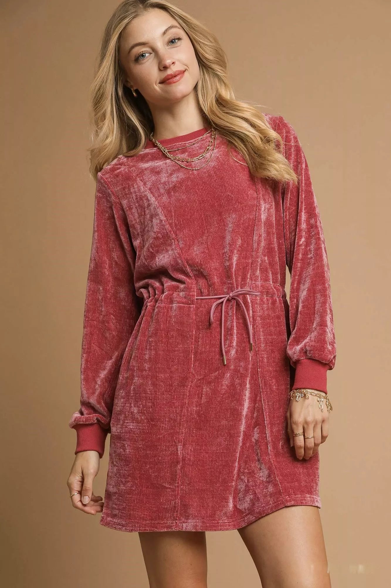 Umgee Velour Drawstring Mini Dress with Long Sleeves selected from Mini Dresses for Short Hem, Strong Mood: The Mini Dress Edit