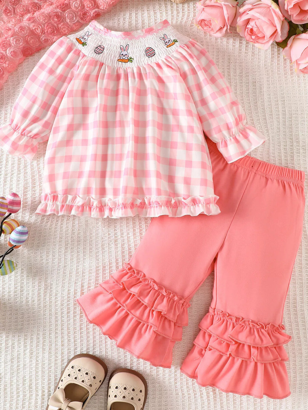 Children's Plaid Smocked Long Sleeve Top and Pants Set