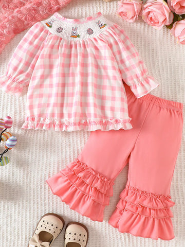 Children's Plaid Smocked Long Sleeve Top and Pants Set