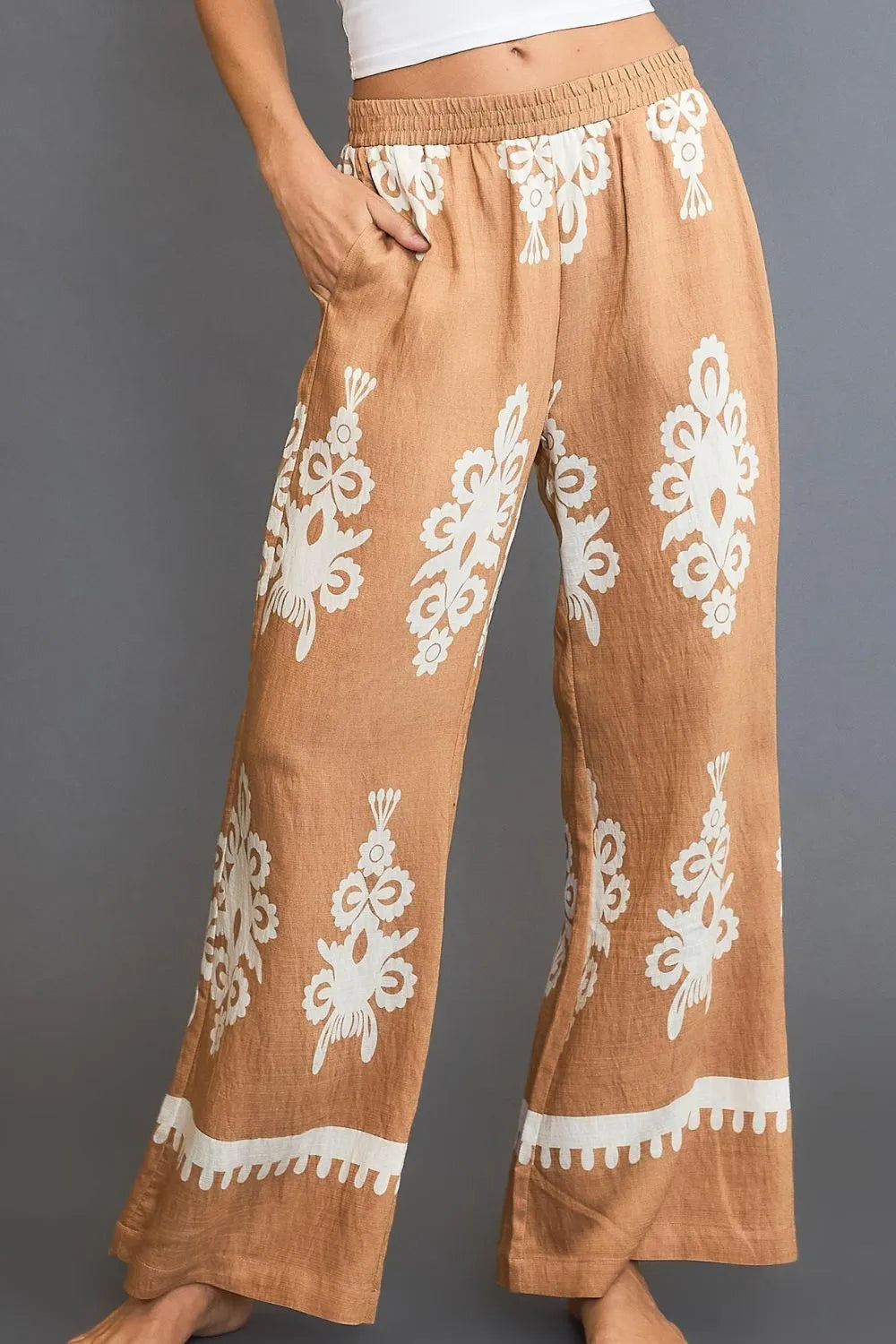 Umgee Border Print Wide Leg Pants