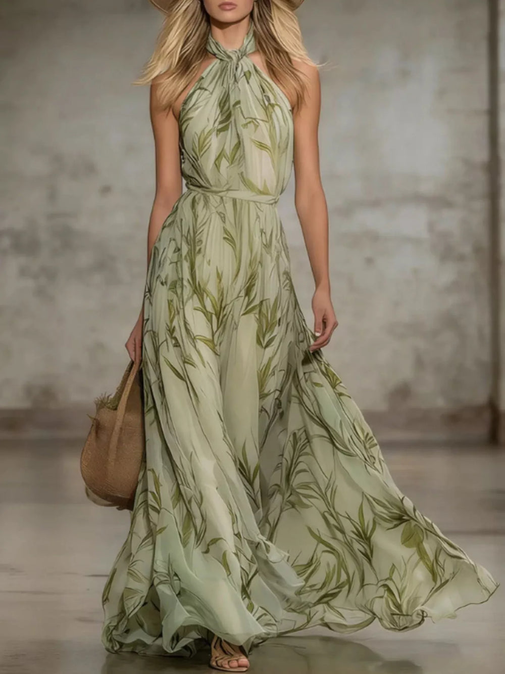 Leaf Print Sleeveless Chiffon Maxi Dress