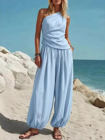 One Shoulder Top & Wide Leg Pants Set
