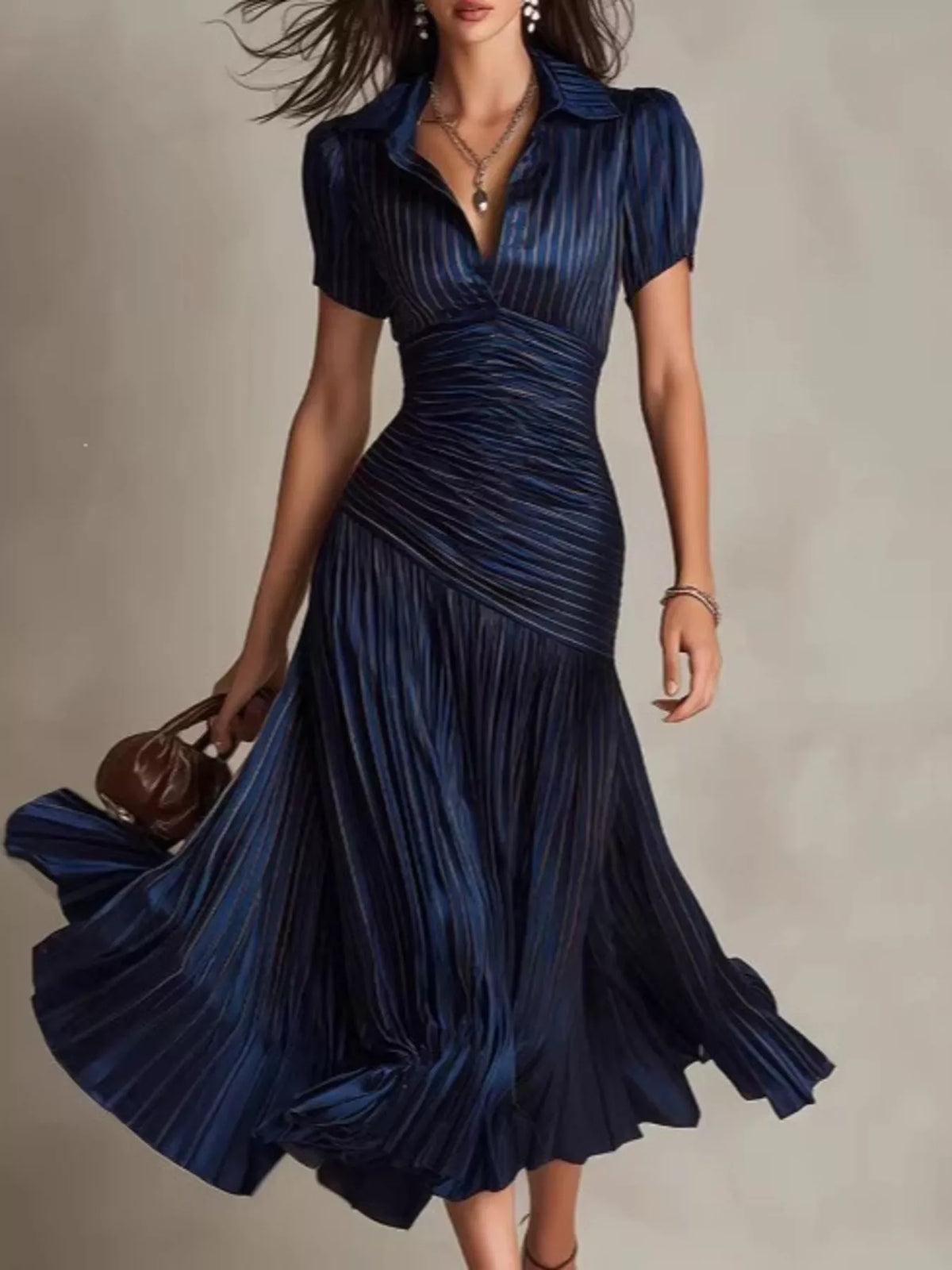 Pleated Striped Short-Sleeve Midi Dress