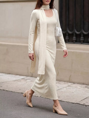 Round Neck Maxi Knit Dress with Matching Scarf