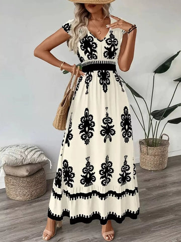 Ruffled Printed V-Neck Maxi Dress
