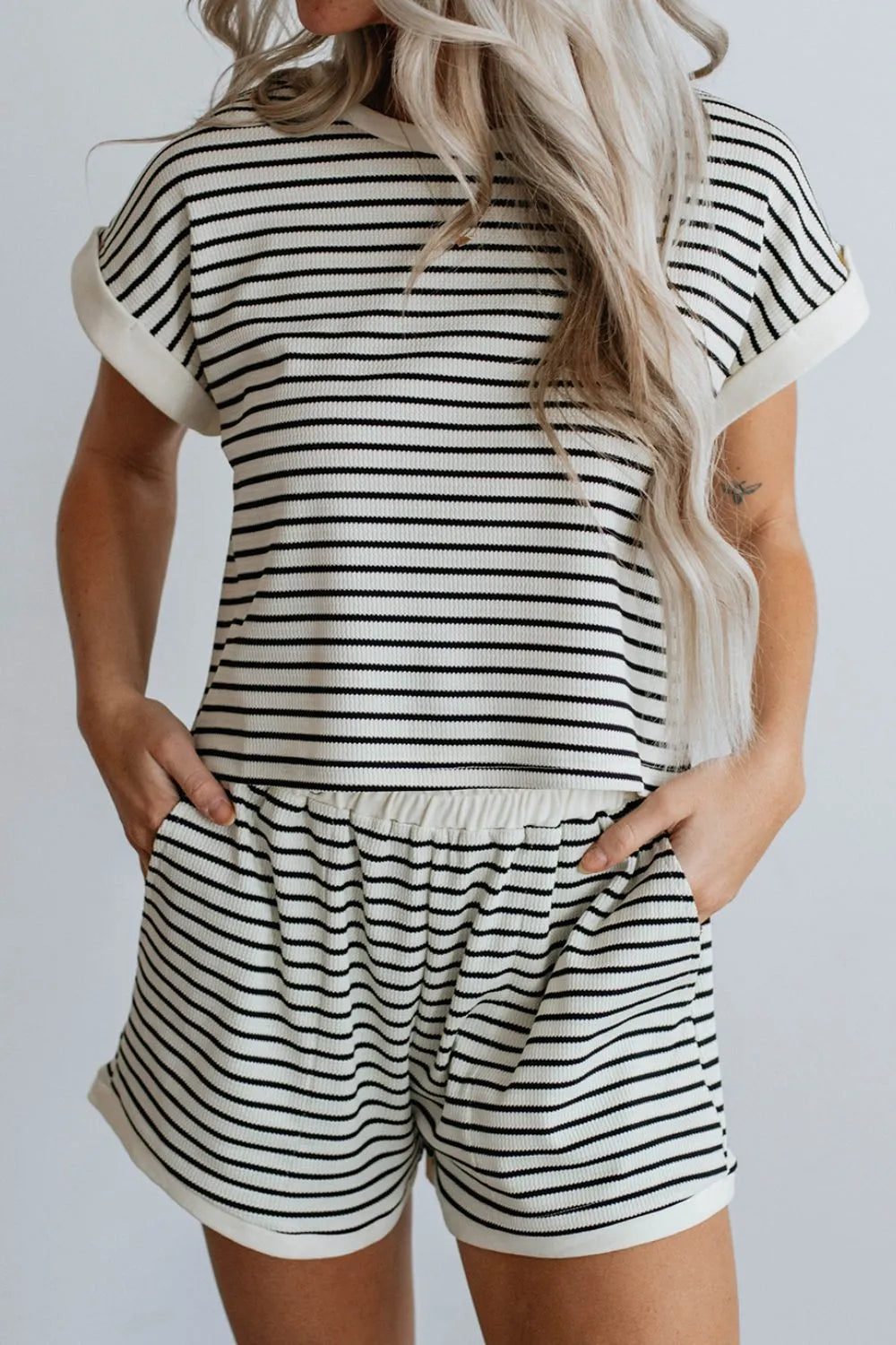 Striped Contrast Top and Shorts Set