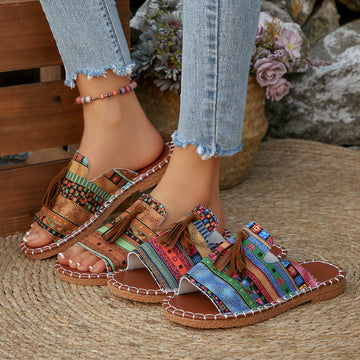 Tassel-Detail Open-Toe Flat Sandals