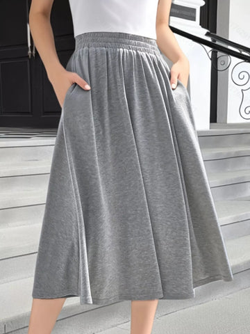 Elastic Waist A-Line Skirt with Pockets