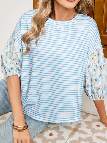 Striped Floral Sleeve Casual Blouse