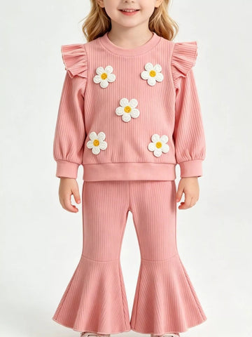 Children's Daisy Ruffled Ribbed Top and Flare Pants Set