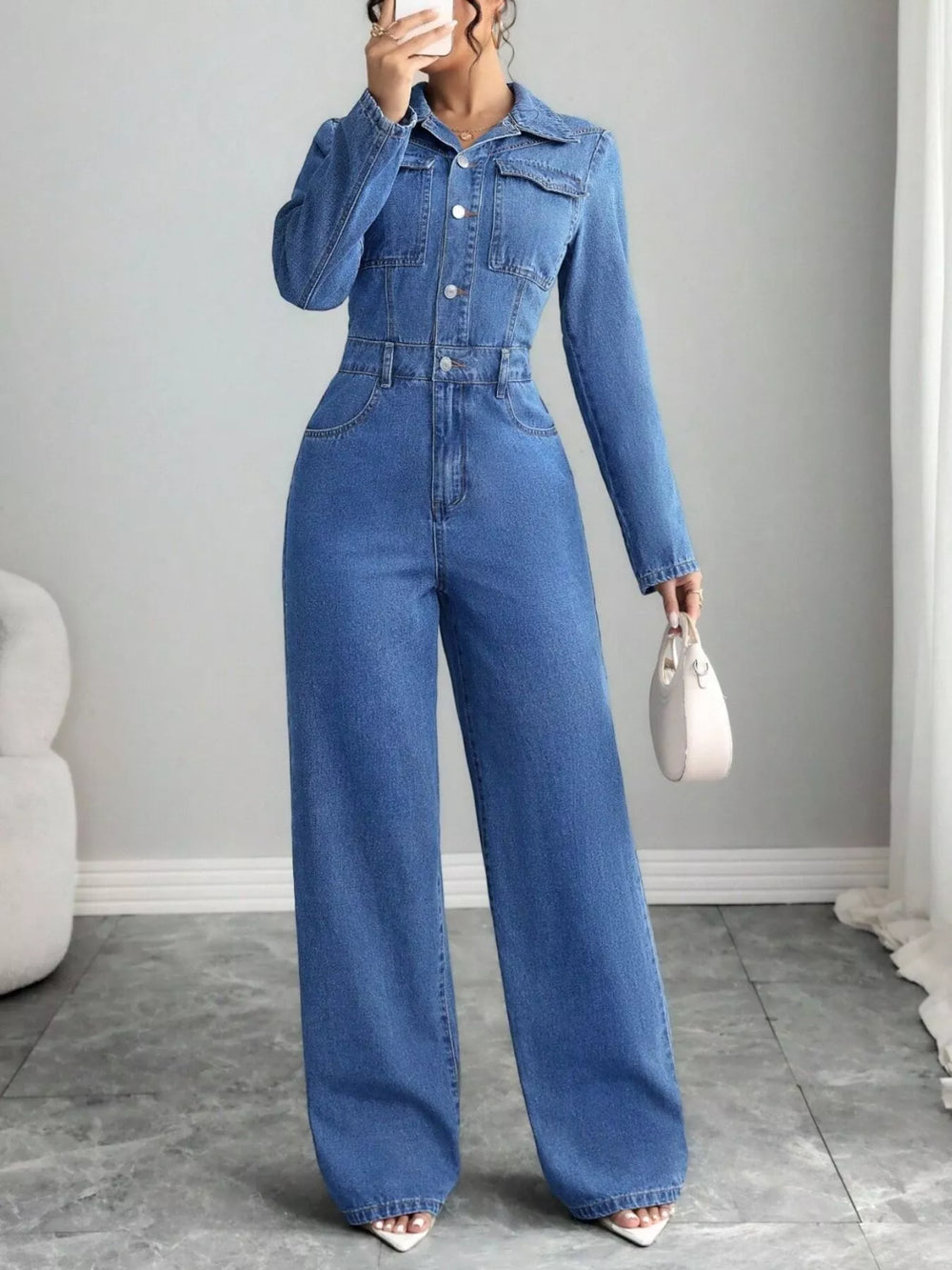 Button Front Denim Jumpsuit