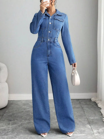 Button Front Denim Jumpsuit