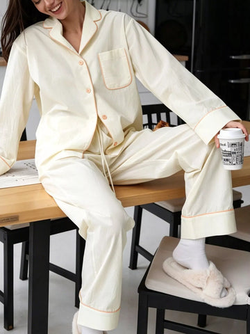 Contrast Trim Button-Down Top and Pants Lounge Set