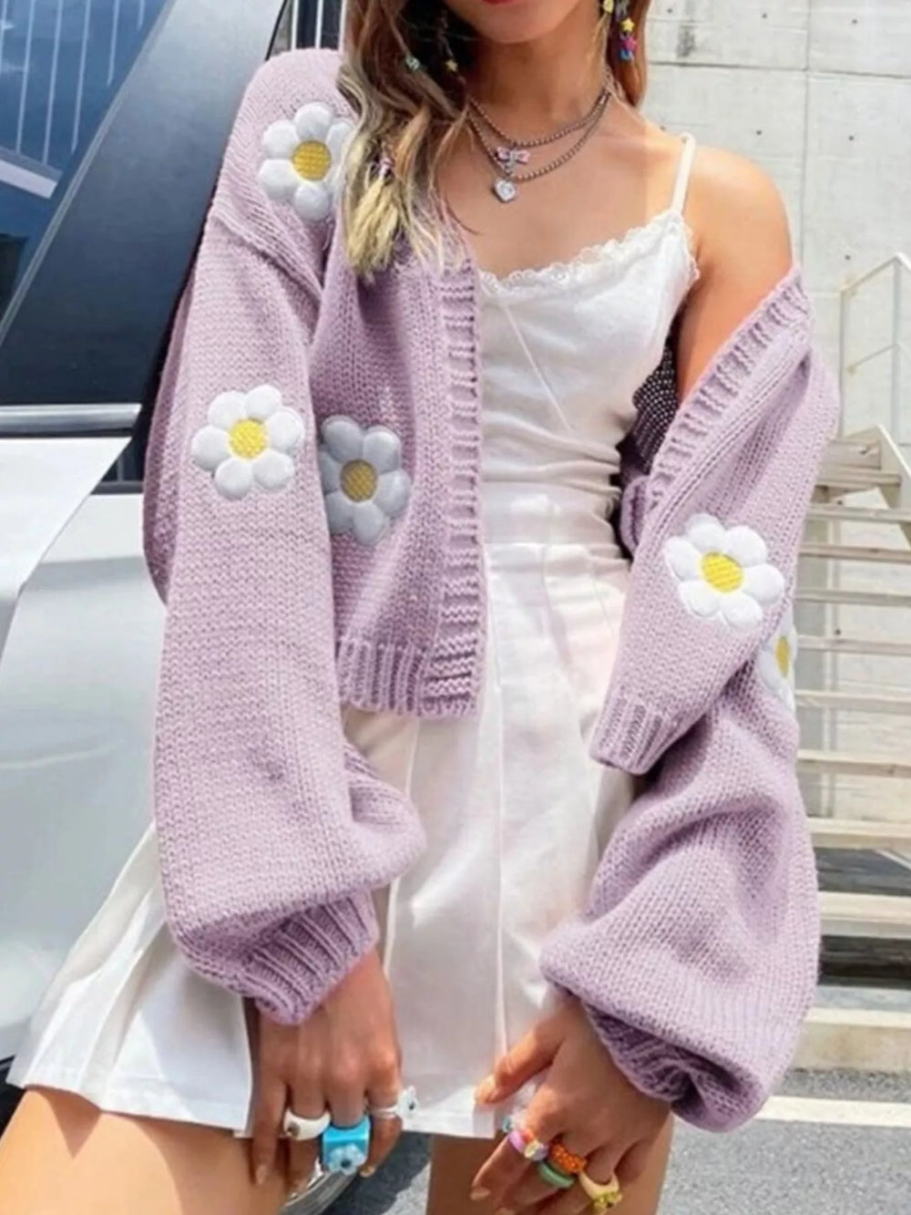 Floral Open Front Knit Cardigan