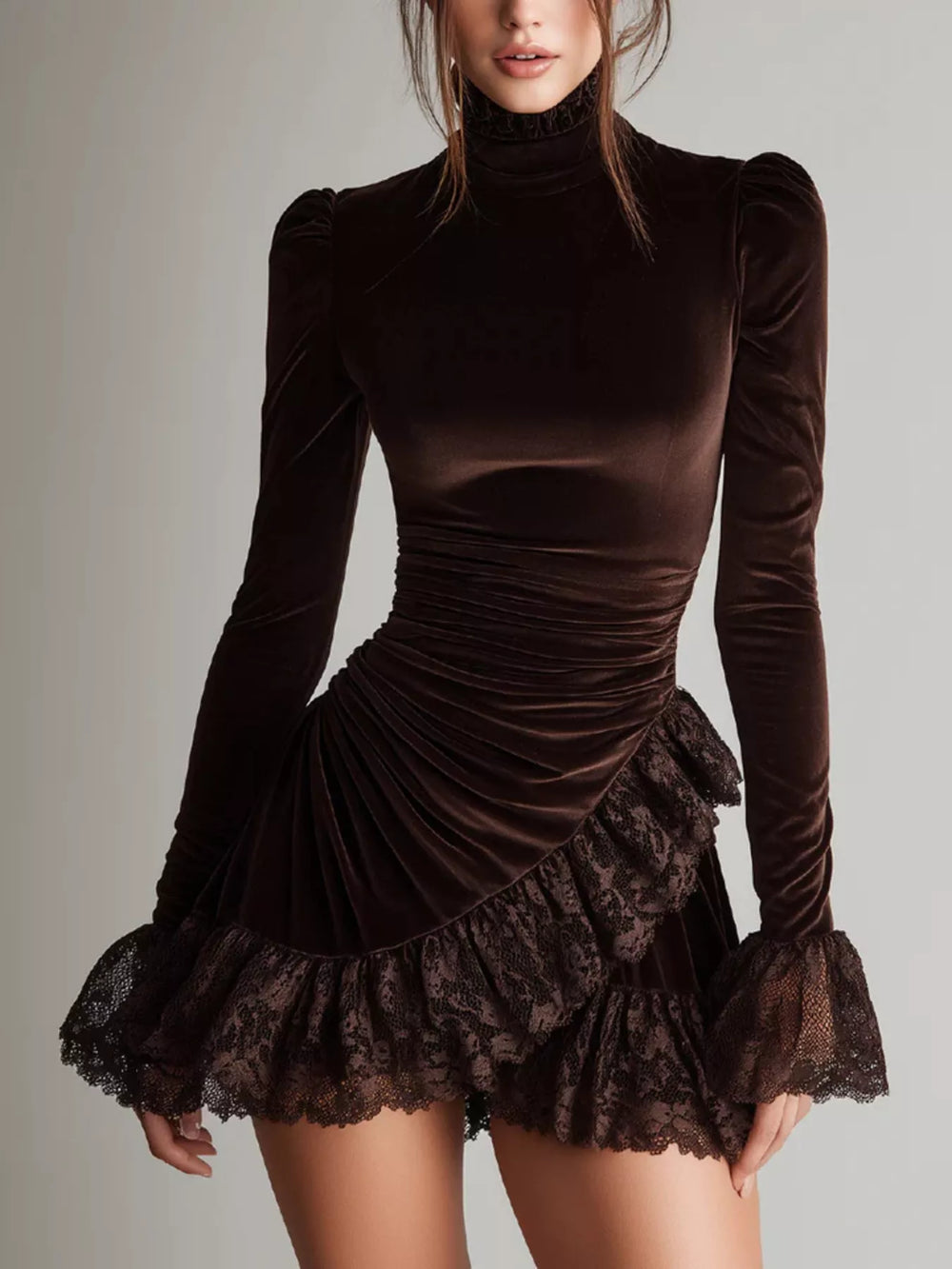 Velvet Mock Neck Mini Dress with Lace Ruffle Trim