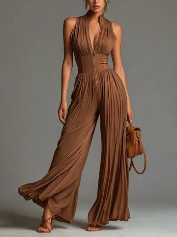 Sleeveless Pleated Wide-Leg Jumpsuit with Front Zipper
