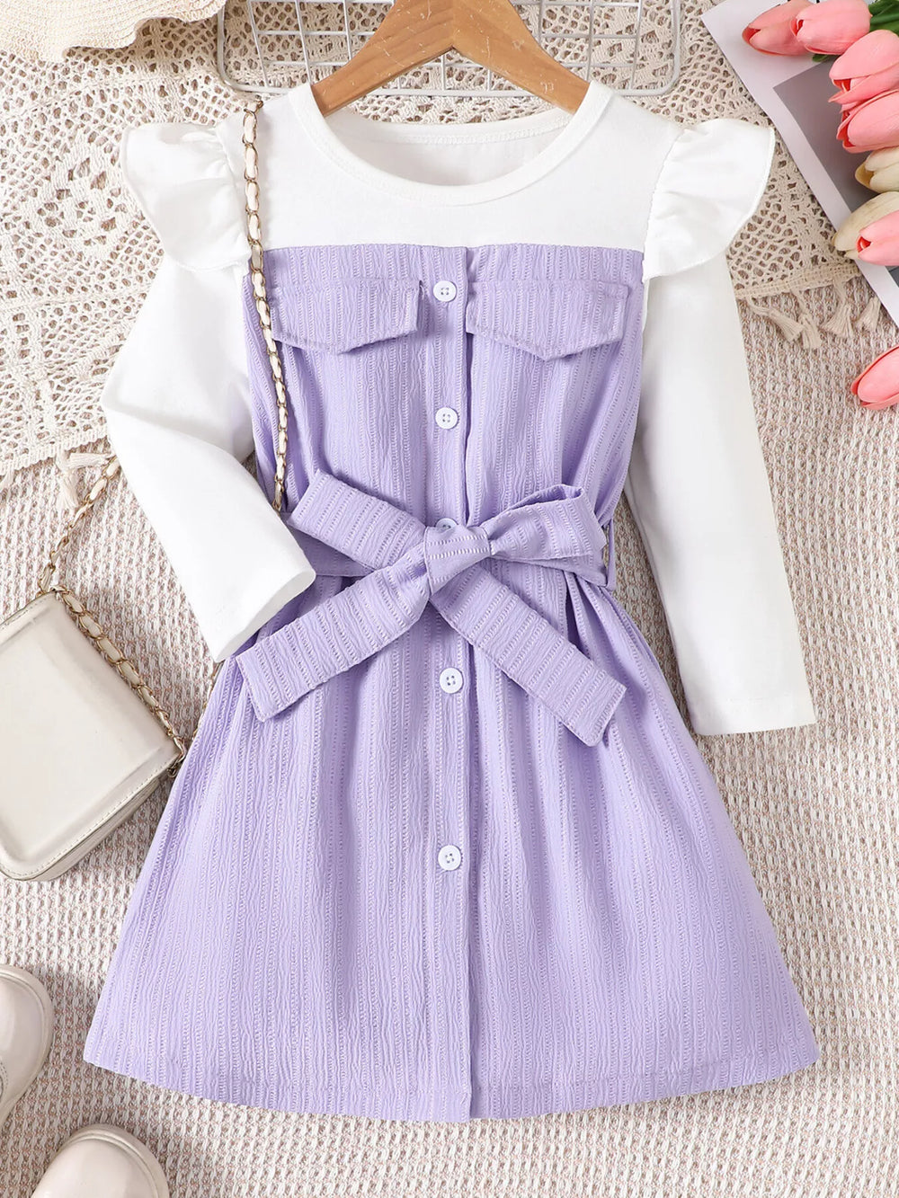 Children's Ruffled Bow Long Sleeve Dress