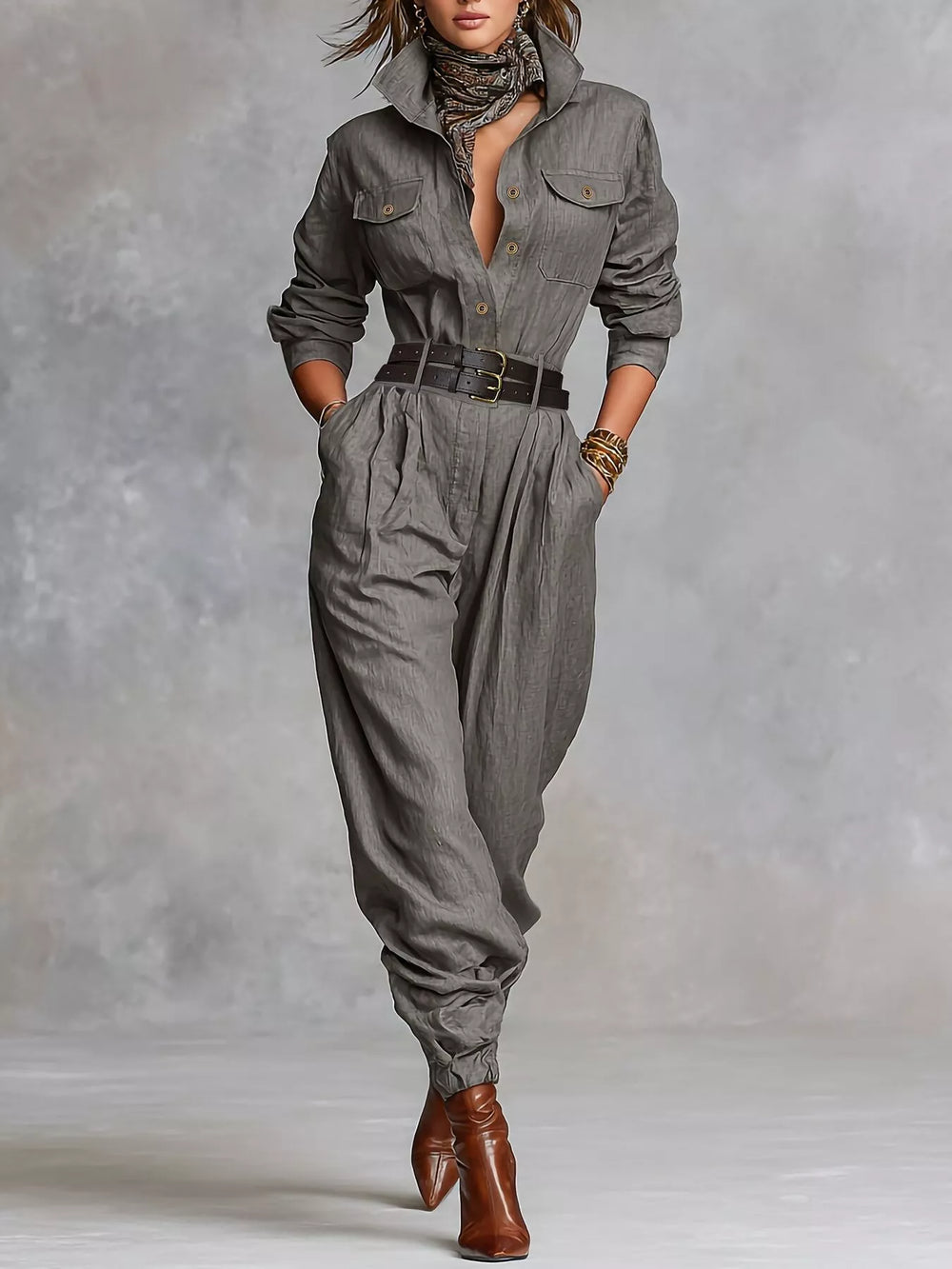 Button Front Long-Sleeve Jumpsuit