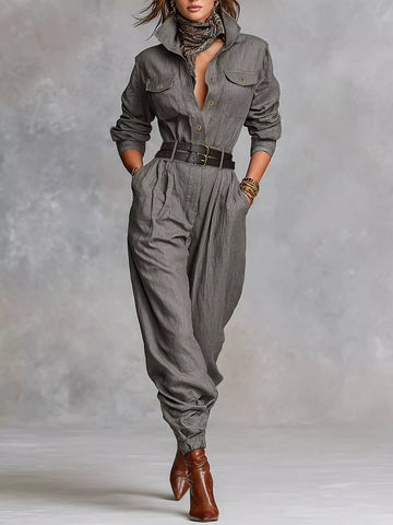 Button Front Long-Sleeve Jumpsuit