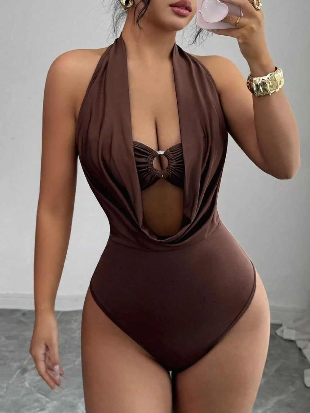 Ruched Ring Detail Halter Bodysuit