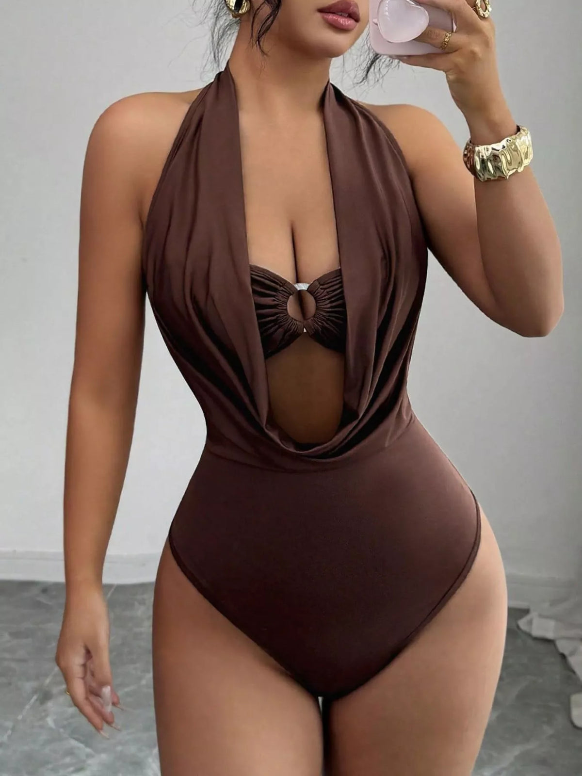 Ruched Ring Detail Halter Bodysuit