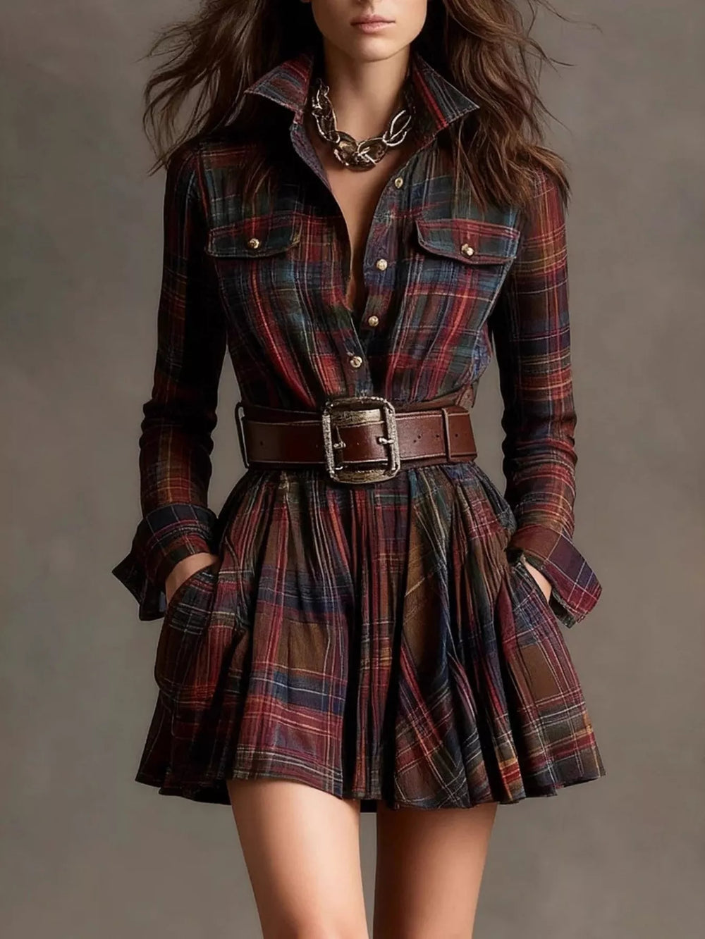 Plaid Long Sleeve Shirt Dress