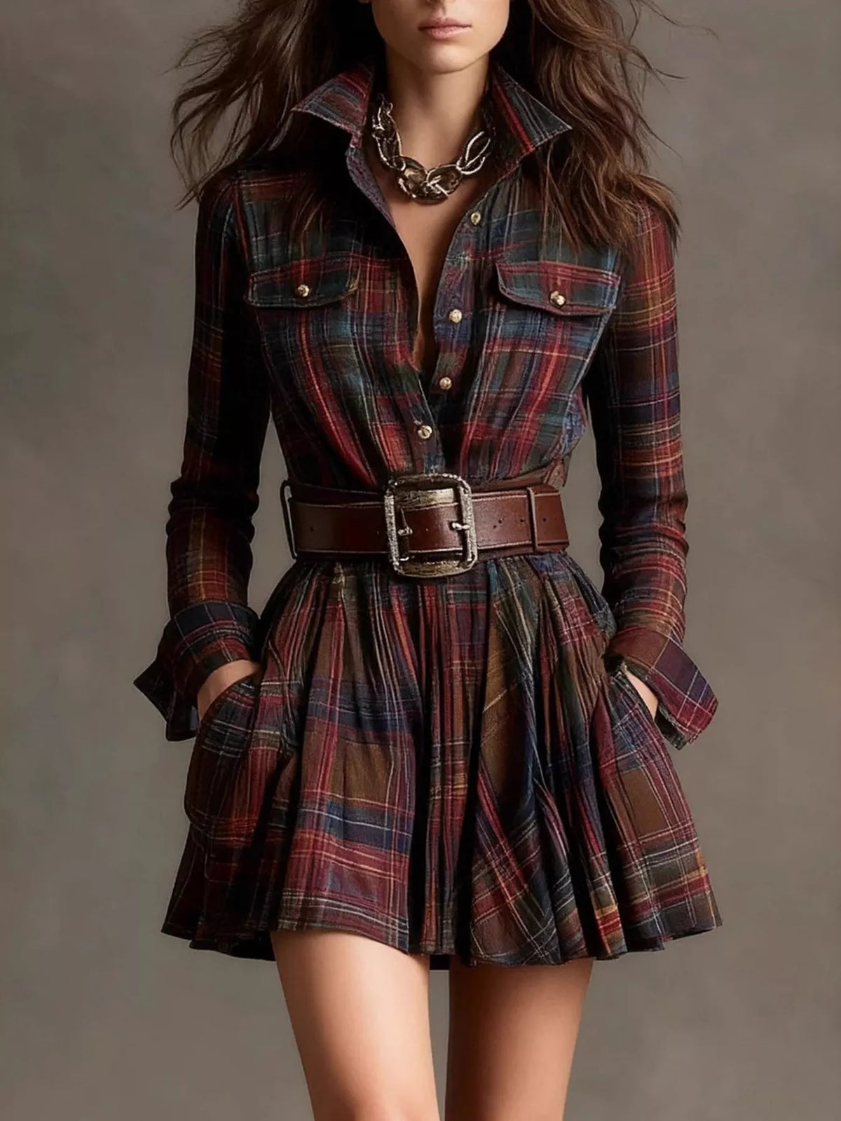 Plaid Long Sleeve Shirt Dress