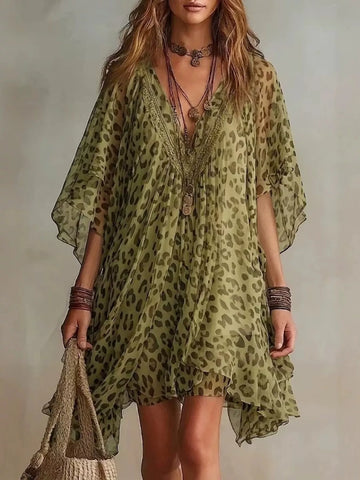 Full Size Leopard Print V-Neck Chiffon Dress Plus Size