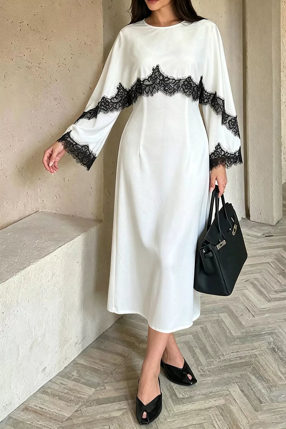 Lace Trim Round Neck Midi Dress