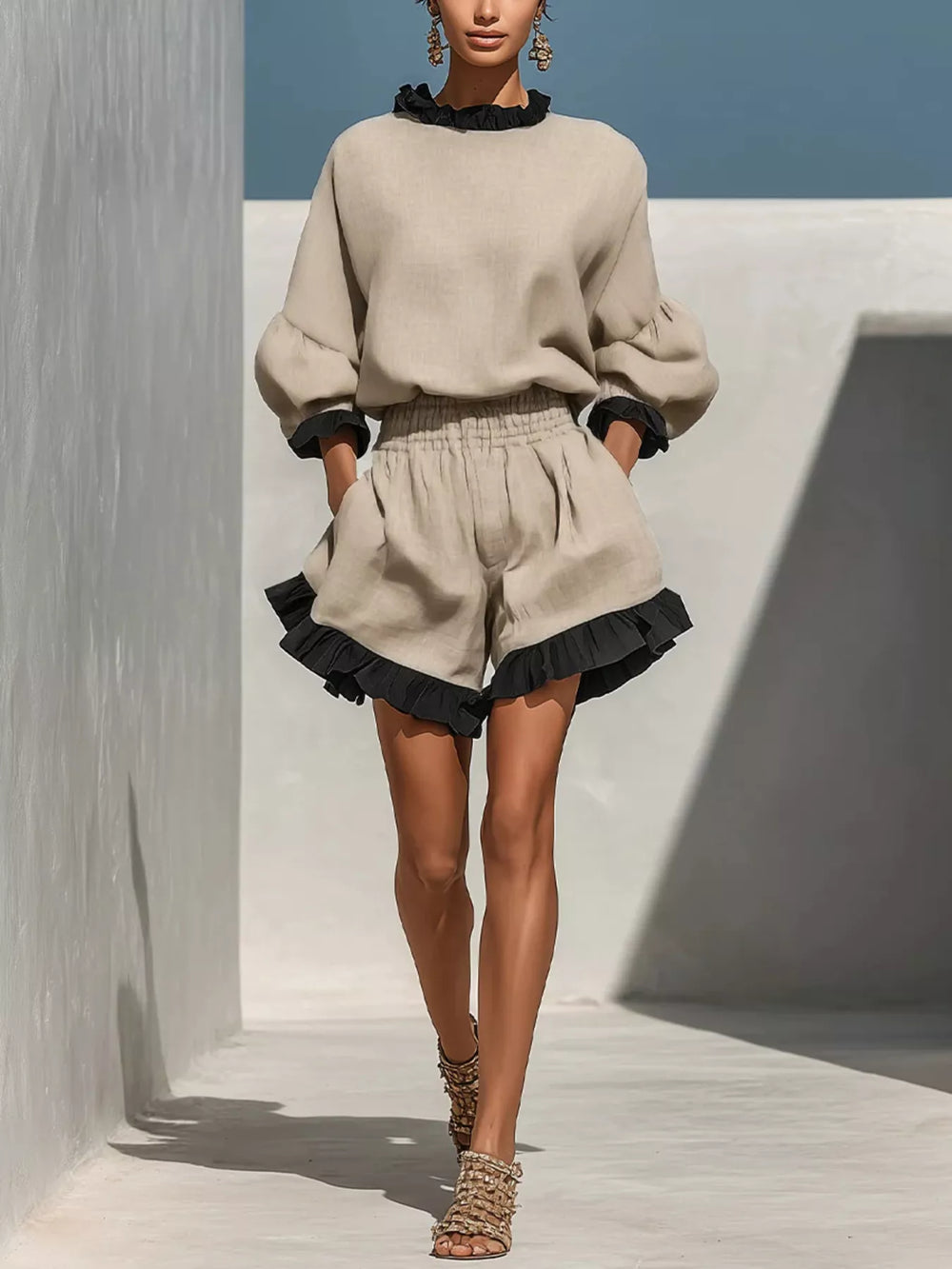 Contrast Trim Dropped Shoulder Top and Shorts Set