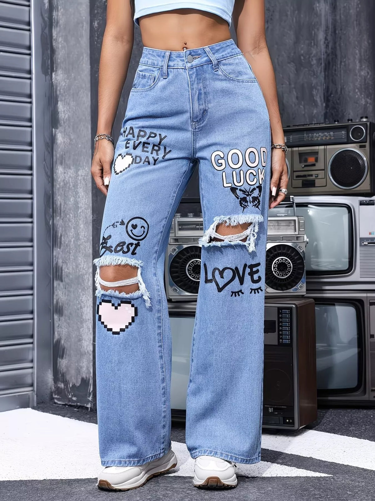 Distressed Printed Wide-Leg Jeans