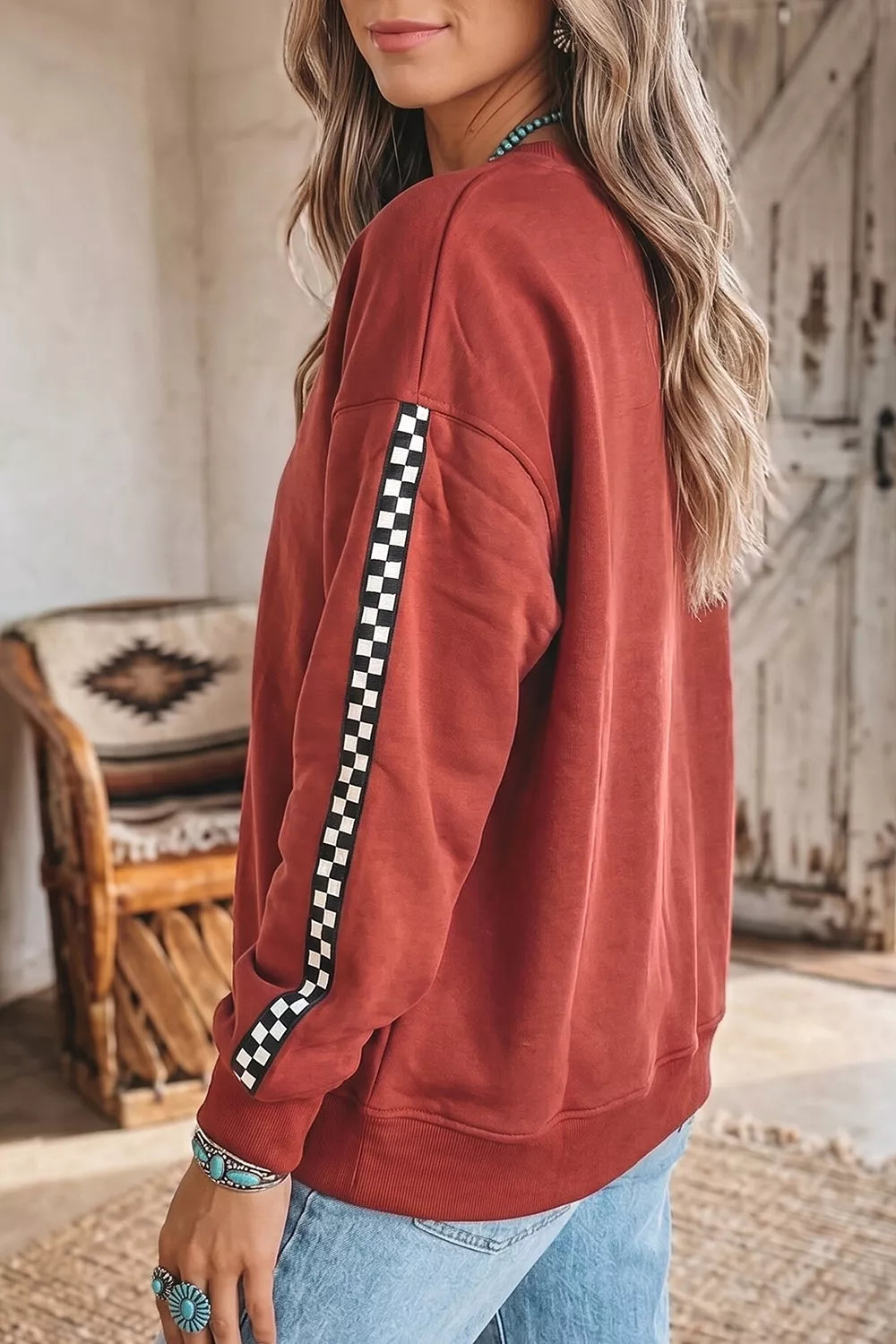 Checkered Trim Long Sleeve Round Neck Shift Sweatshirt