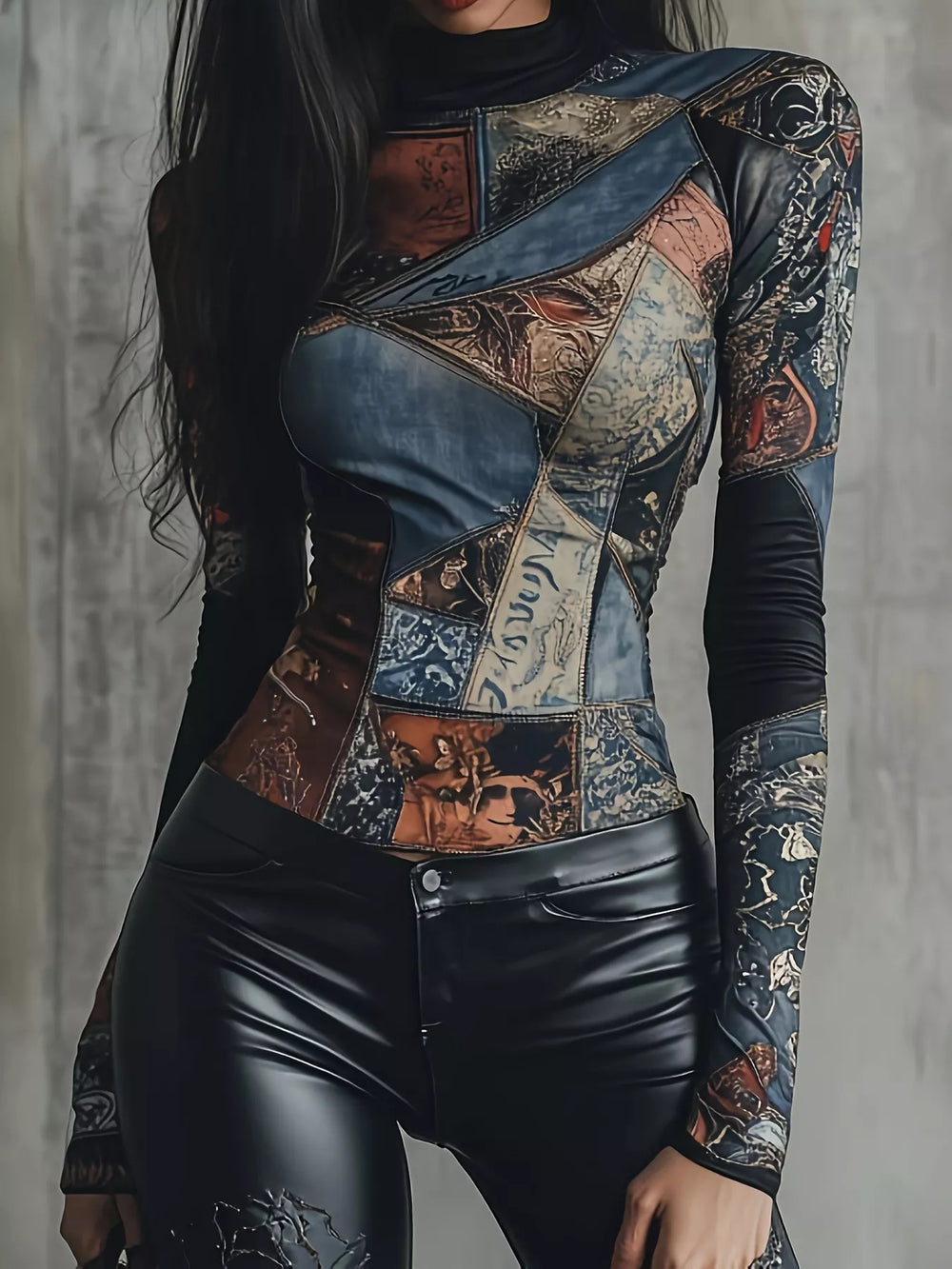 Patchwork Printed Mock Neck Long Sleeve T-Shirt