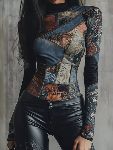 Patchwork Printed Mock Neck Long Sleeve T-Shirt