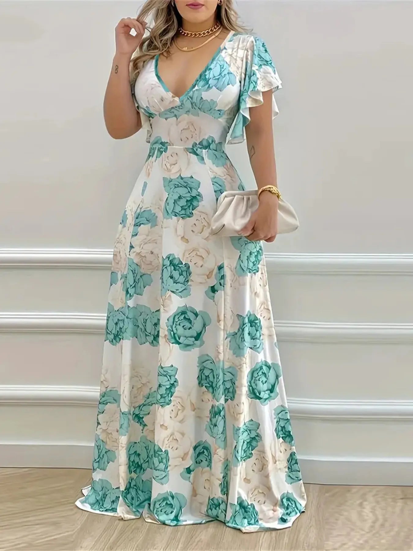 Plus Size Floral Print V-Neck Maxi Dress with Flutter Sleeves selected from Maxi Dresses for The Long Line: Maxi Dresses Made for an Entrance