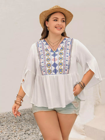 Plus Size Geometric V Neck Flare Sleeve Blouse