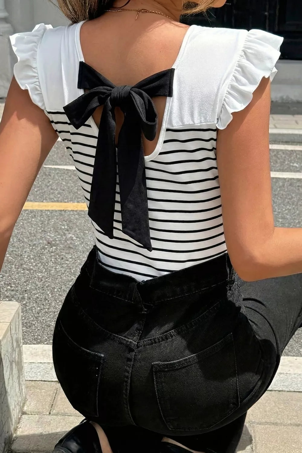 Stripe Knot Back Ruffle Tank Top