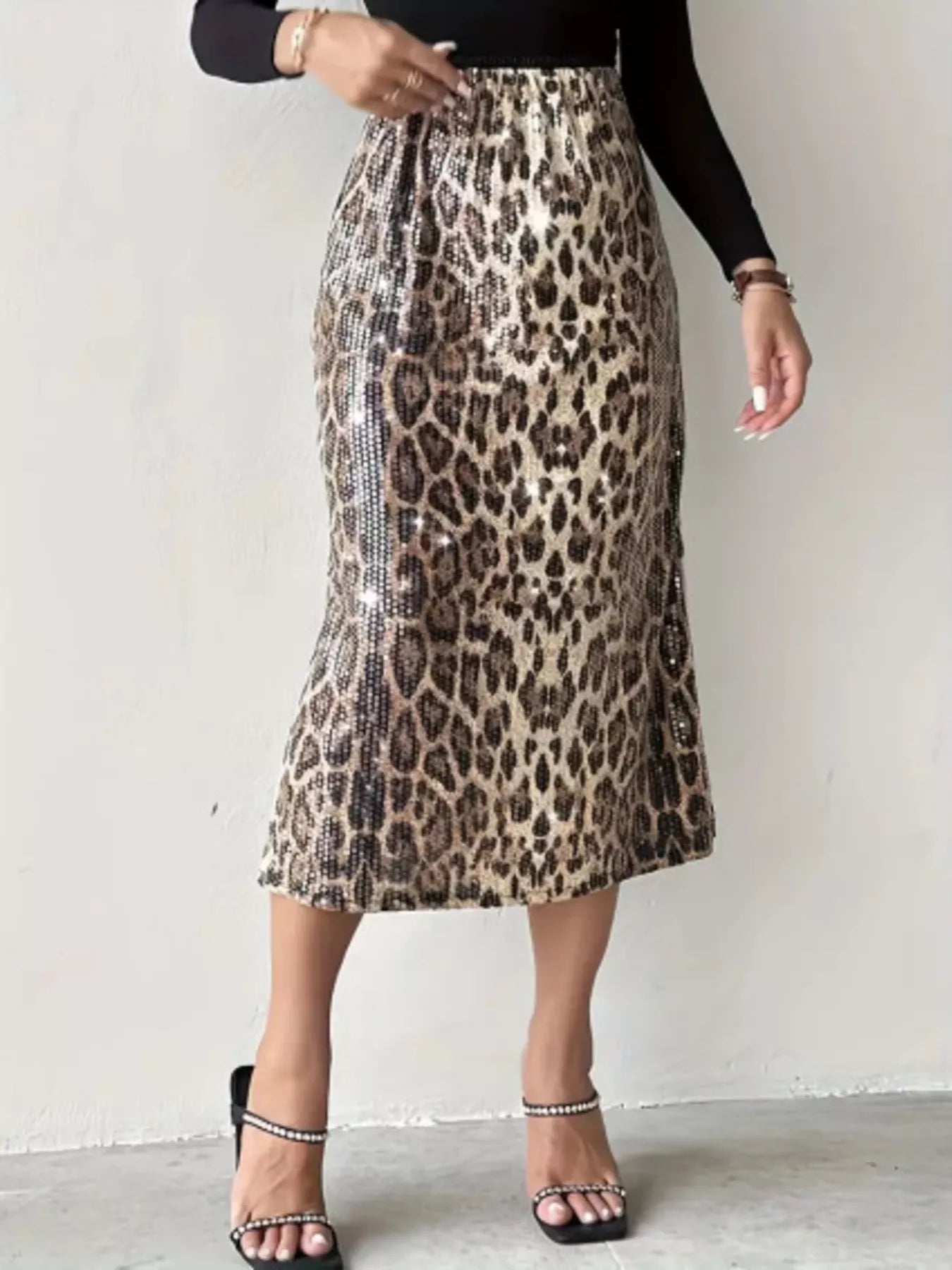 Sequin Leopard Midi Skirt selected from Bottoms Spotlight for The Bottom Line: Silhouettes That Balance the Look