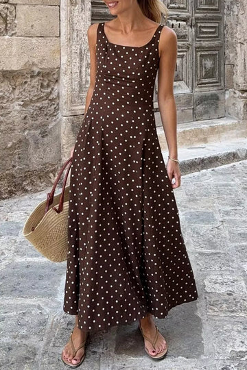 Polka Dot Print Square Neck Sleeveless Vacation Maxi Dress