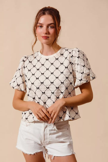 SO ME Bow Texture Woven Bubble Sleeve Top