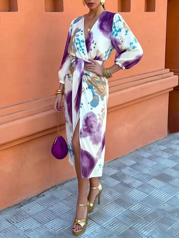 Full Size Slit Tie-Waist Abstract Print Midi Dress Plus Size