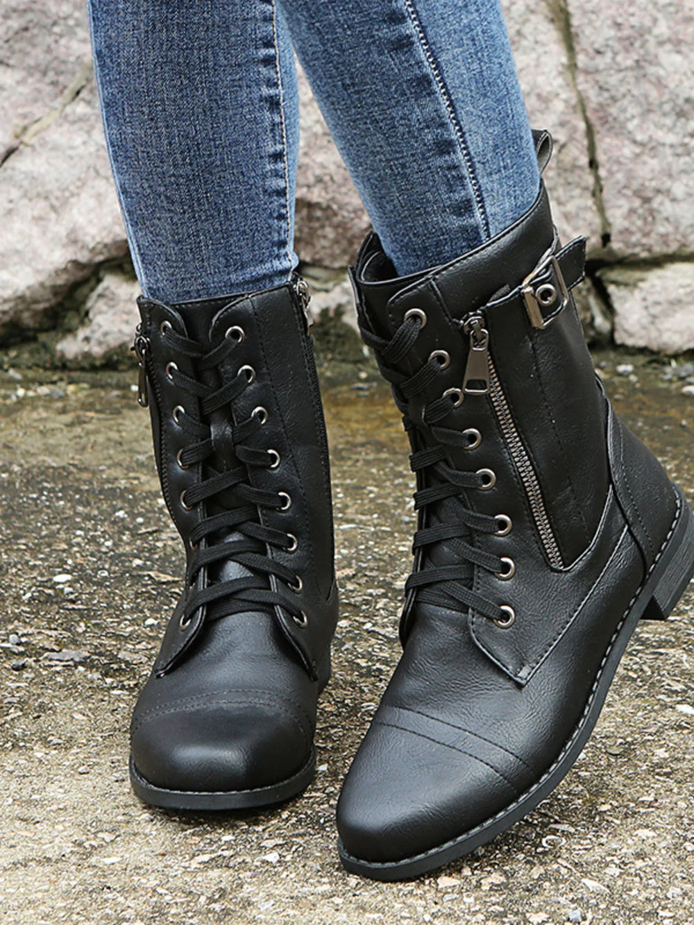 Lace Up Boots with Side Zipper