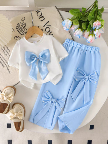 Children's Bow Round Neck Top and Pants Set