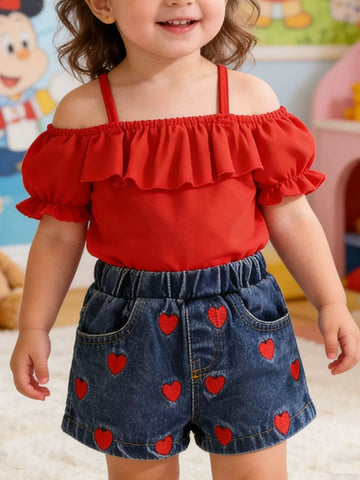 Children's Ruffled Top & Heart Embroidered Denim Shorts Set