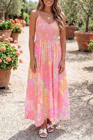 Floral Shirred High Waist Dress